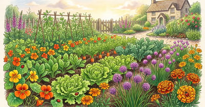 Pencil-crayon illustration of a thriving vegetable bed interplanted with nasturtiums, chives, and marigolds for aphid prevention, with ladybugs on the leaves