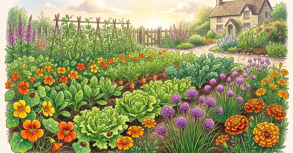 Pencil-crayon illustration of a thriving vegetable bed interplanted with nasturtiums, chives, and marigolds for aphid prevention, with ladybugs on the leaves
