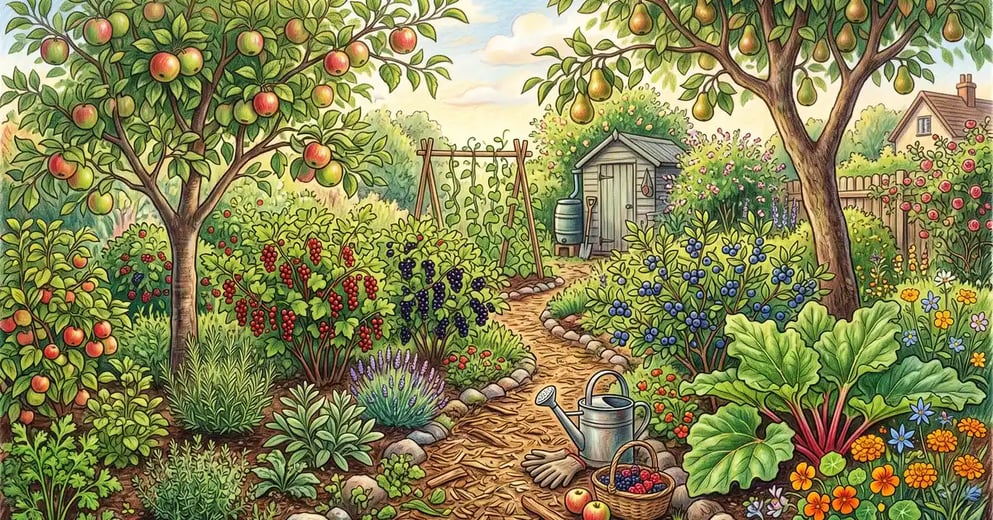 Pencil-crayon illustration of a lush five-year-old backyard food forest with apple and pear trees, berry bushes, rhubarb, and a mulch path in dappled summer light