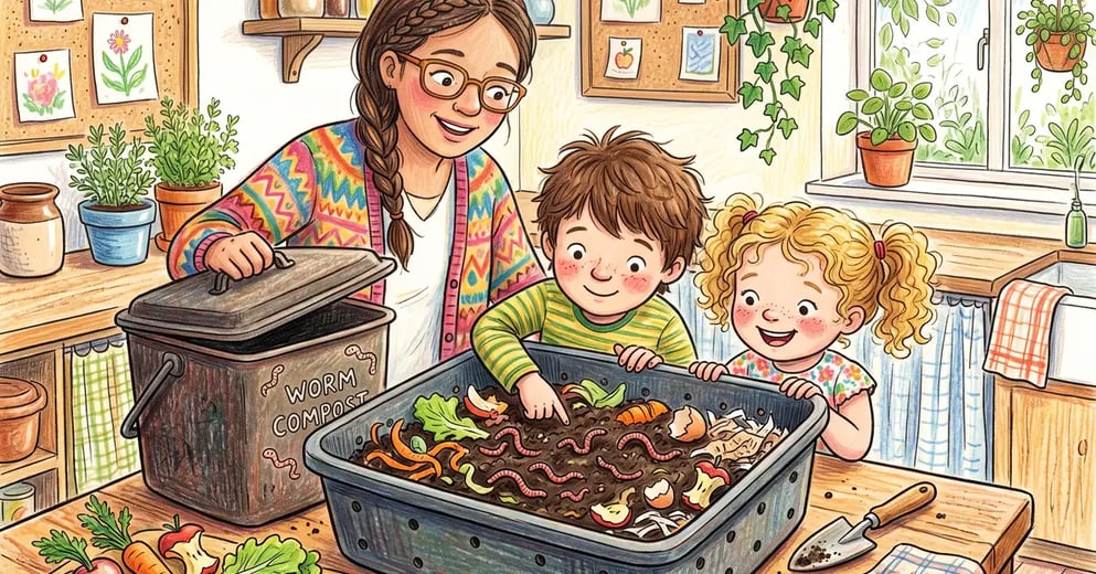Pencil-crayon illustration of two children and a parent peering into an open worm composting bin with red wigglers, food scraps, and shredded paper