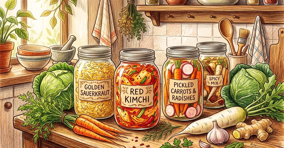 Pencil-crayon illustration of glass jars of sauerkraut, kimchi, and pickled vegetables on a wooden counter beside fresh garden cabbage, carrots, and radish