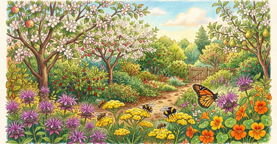 Pencil-crayon illustration of a food forest edge in bloom with fruit trees, bee balm, and yarrow visited by honeybees, a bumblebee, and a monarch butterfly