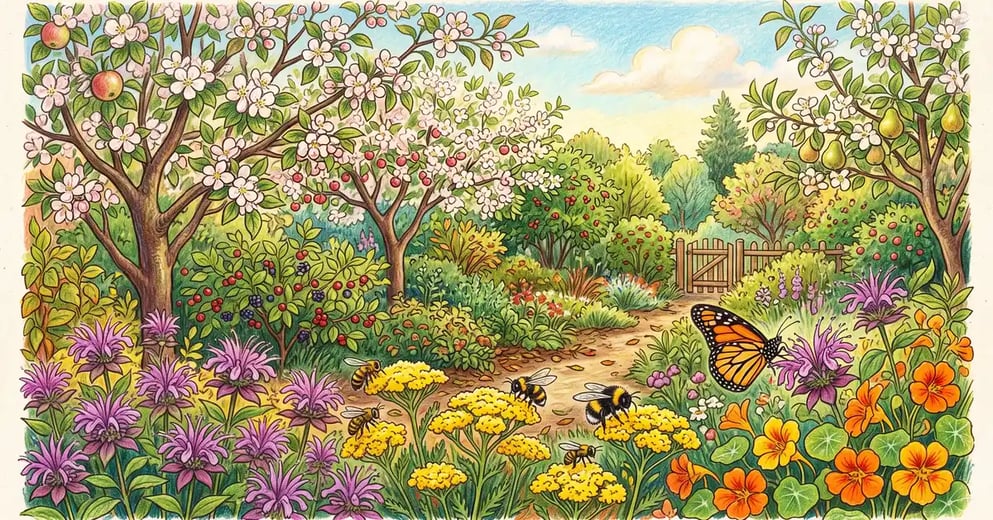 Pencil-crayon illustration of a food forest edge in bloom with fruit trees, bee balm, and yarrow visited by honeybees, a bumblebee, and a monarch butterfly