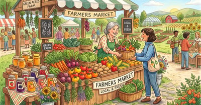 Pencil-crayon illustration of a lively local farmers market stall with garden produce, honey, and preserves, a vendor serving a customer, and a small farm behind