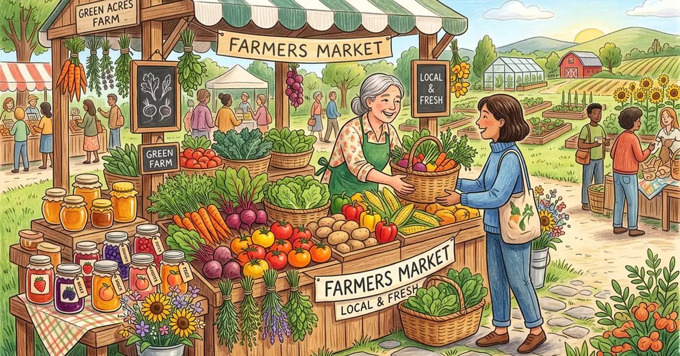 Pencil-crayon illustration of a lively local farmers market stall with garden produce, honey, and preserves, a vendor serving a customer, and a small farm behind