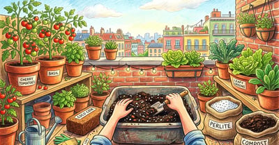 Pencil-crayon urban balcony scene of hands mixing homemade container potting soil surrounded by terracotta pots of tomatoes, basil, coir, perlite, and compost