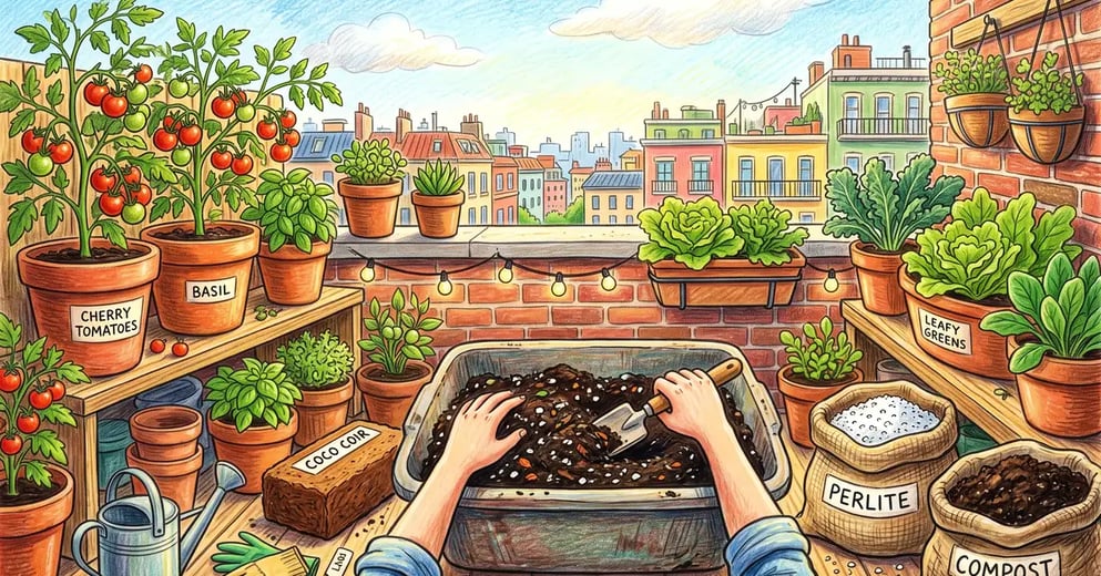 Pencil-crayon urban balcony scene of hands mixing homemade container potting soil surrounded by terracotta pots of tomatoes, basil, coir, perlite, and compost