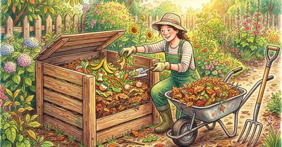 Pencil-crayon backyard scene of a gardener layering brown autumn leaves and green kitchen scraps into a wooden compost bin to balance the carbon nitrogen ratio