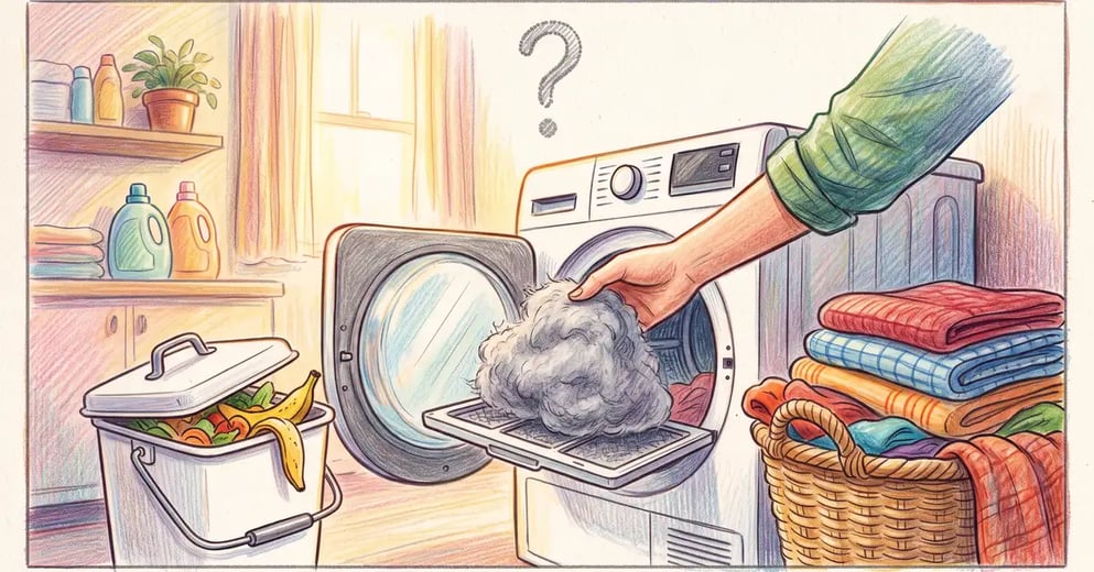 Pencil-crayon scene of a hand pulling gray lint from a dryer lint trap between a laundry basket and a compost bin, asking where it should go