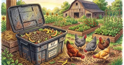 Pencil-crayon homestead scene of an open black soldier fly composting bin full of larvae processing food scraps with backyard chickens nearby