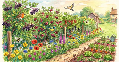 Pencil-crayon lush mixed edible hedgerow along a backyard garden edge with berry shrubs, wildflowers, birds, and bees beside a vegetable bed