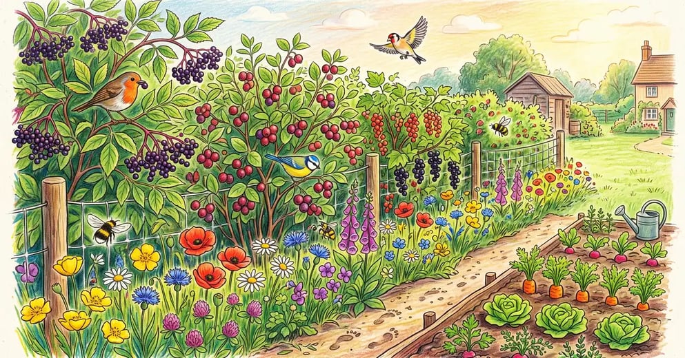 Pencil-crayon lush mixed edible hedgerow along a backyard garden edge with berry shrubs, wildflowers, birds, and bees beside a vegetable bed