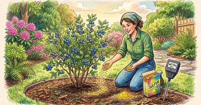 Pencil-crayon scene of a gardener sprinkling granular yellow elemental sulfur around a blueberry bush with a soil pH meter in the ground nearby