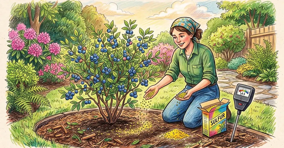 Pencil-crayon scene of a gardener sprinkling granular yellow elemental sulfur around a blueberry bush with a soil pH meter in the ground nearby