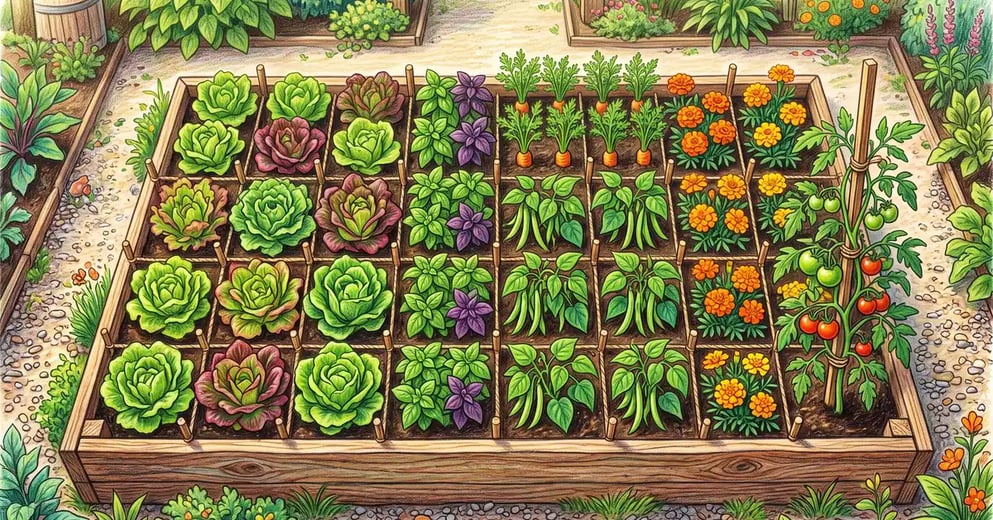 Pencil-crayon overhead view of a 4x8 raised bed divided into one-foot squares densely planted with lettuce, basil, carrots, marigolds, beans, and a tomato