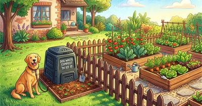 Pencil-crayon backyard scene with a dedicated dog-waste composting bin set apart from raised vegetable beds by a small fence, with a dog on the lawn