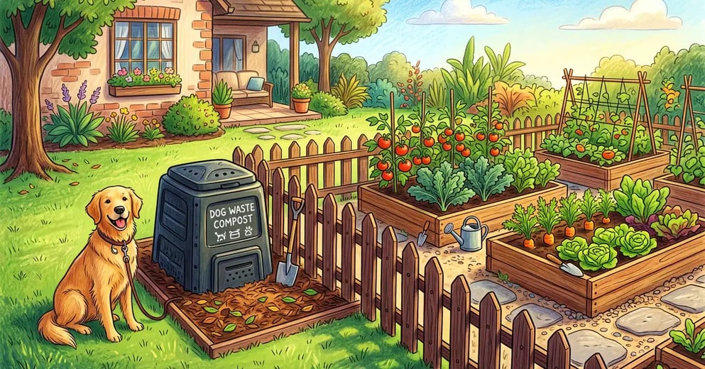 Pencil-crayon backyard scene with a dedicated dog-waste composting bin set apart from raised vegetable beds by a small fence, with a dog on the lawn