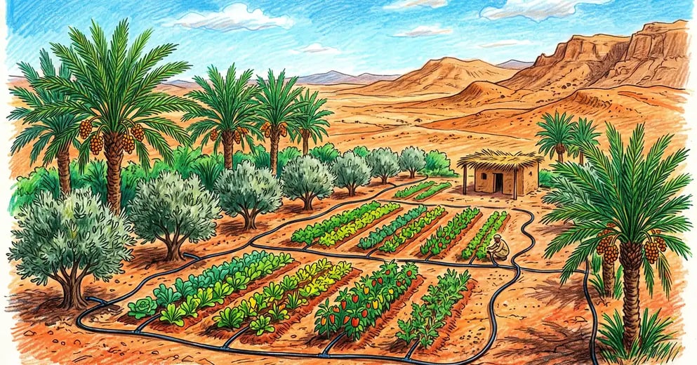 Pencil-crayon lush green oasis garden of date palms, olives, and vegetables fed by drip lines in a dry desert landscape with arid hills behind