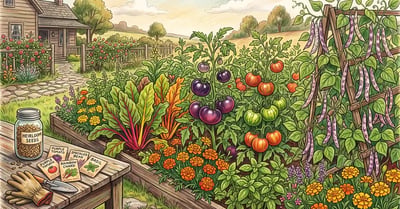 Pencil-crayon abundant heirloom vegetable garden with striped tomatoes, rainbow chard, speckled beans, marigolds, and hand-labeled seed packets