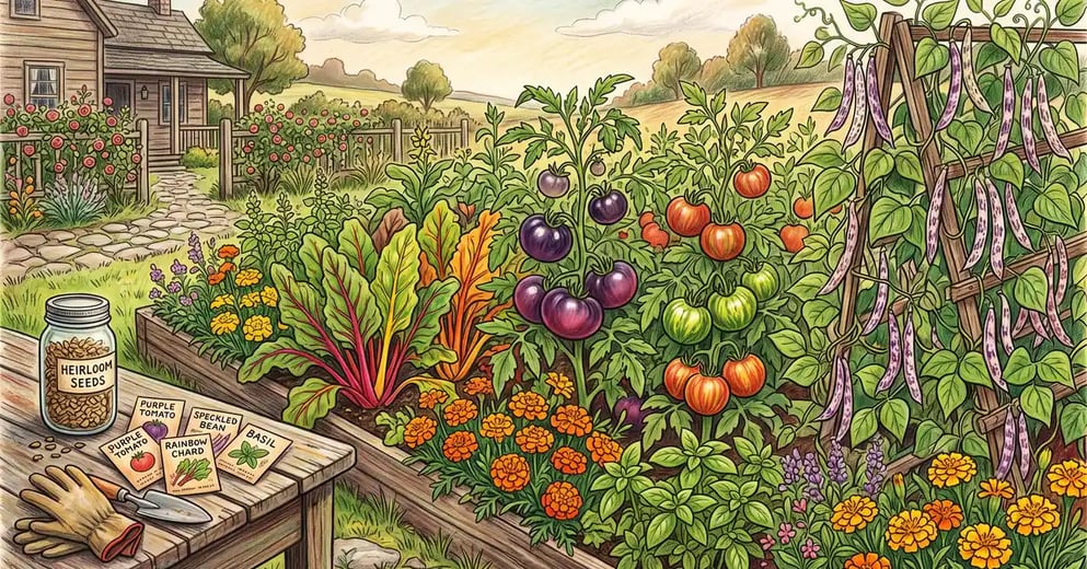 Pencil-crayon abundant heirloom vegetable garden with striped tomatoes, rainbow chard, speckled beans, marigolds, and hand-labeled seed packets