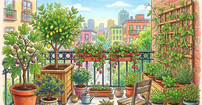 Pencil-crayon apartment balcony transformed into a layered edible garden with a dwarf fig, Meyer lemon, blueberries, strawberries, and herbs in pots