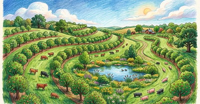Pencil-crayon rolling Midwestern farm as an oak savanna with curved rows of chestnut and apple trees, grazing cattle and pigs in alleys, and a valley pond