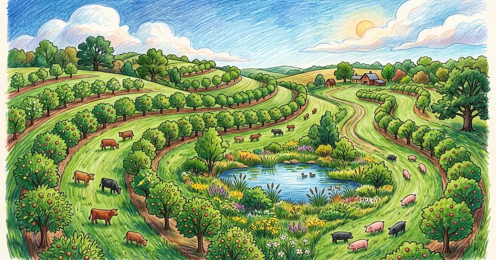 Pencil-crayon rolling Midwestern farm as an oak savanna with curved rows of chestnut and apple trees, grazing cattle and pigs in alleys, and a valley pond