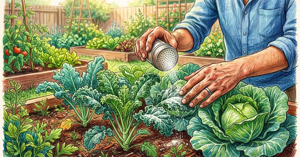 A weekend gardener dusting fine white diatomaceous earth powder onto leafy green vegetable plants in a sunny backyard garden bed