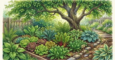 A shady backyard vegetable garden beneath a leafy tree with lettuce, spinach, kale and chard growing among hostas and ferns in dappled light