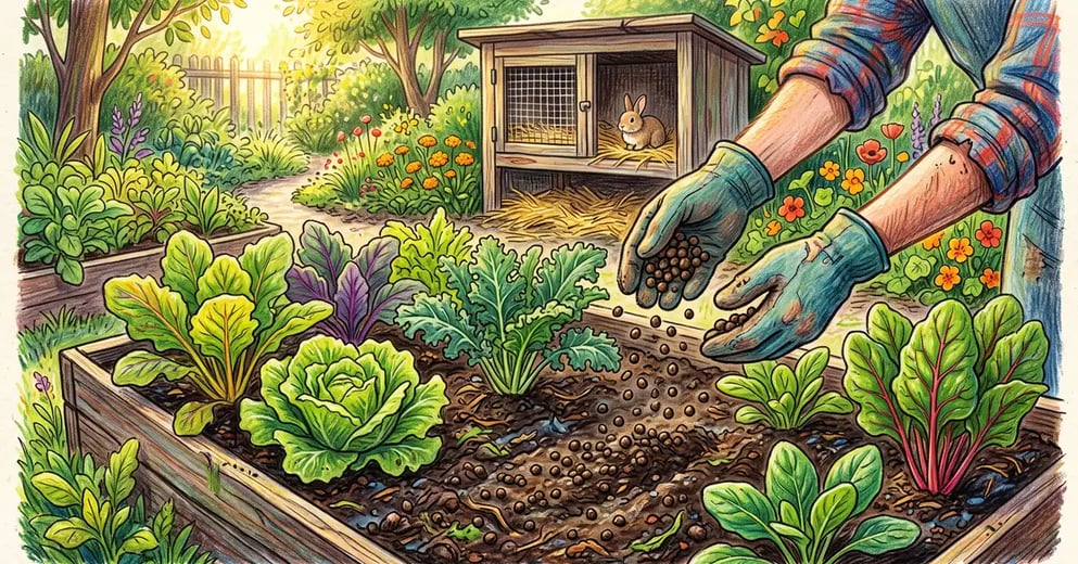 A gardener scattering dark round rabbit manure pellets around leafy vegetable plants in a backyard raised bed with a rabbit hutch behind