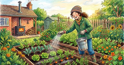 A gardener sprinkling pale gray wood ash from a metal bucket over a backyard vegetable garden bed with a wood stove behind