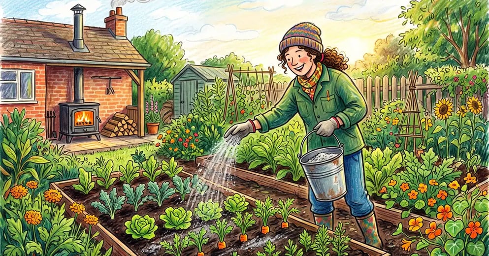 A gardener sprinkling pale gray wood ash from a metal bucket over a backyard vegetable garden bed with a wood stove behind