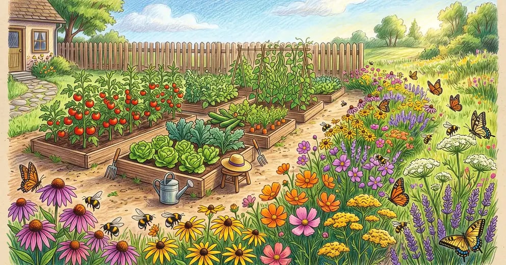 A backyard vegetable garden bordered by a colorful strip of native wildflowers alive with bees and butterflies at the meadow edge
