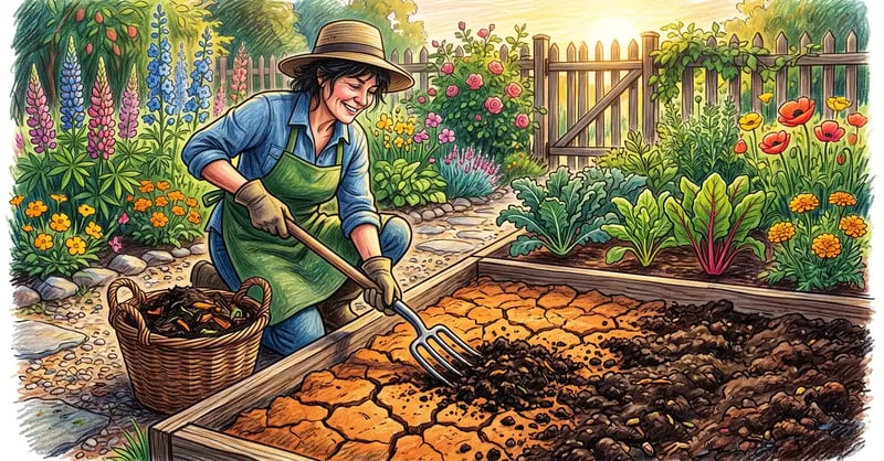 A gardener working dark rich compost into heavy cracked orange-brown clay soil with a digging fork to break up heavy ground