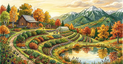 Cold climate permaculture homestead on a south-facing Vermont hillside with terraced beds, a reflective pond and hardy fruit shrubs in autumn