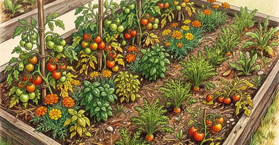 Mixed vegetable bed with tomatoes, basil, marigolds and carrots showing the real results of companion planting, some plants thriving and some crowded