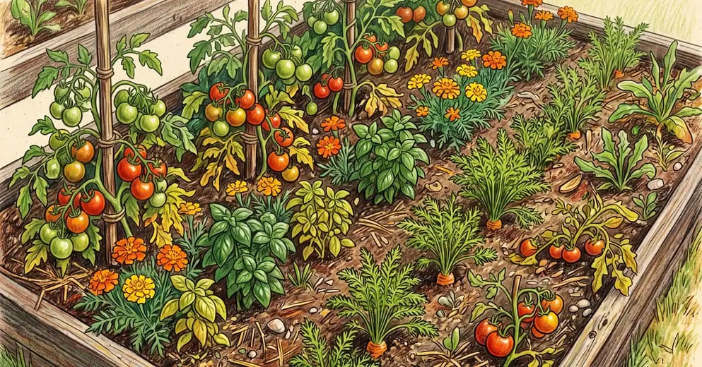 Mixed vegetable bed with tomatoes, basil, marigolds and carrots showing the real results of companion planting, some plants thriving and some crowded