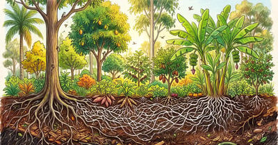 Cross-section of forest soil showing a white fungal hyphal network connecting tree roots beneath a layered syntropic planting of trees, shrubs and ground crops