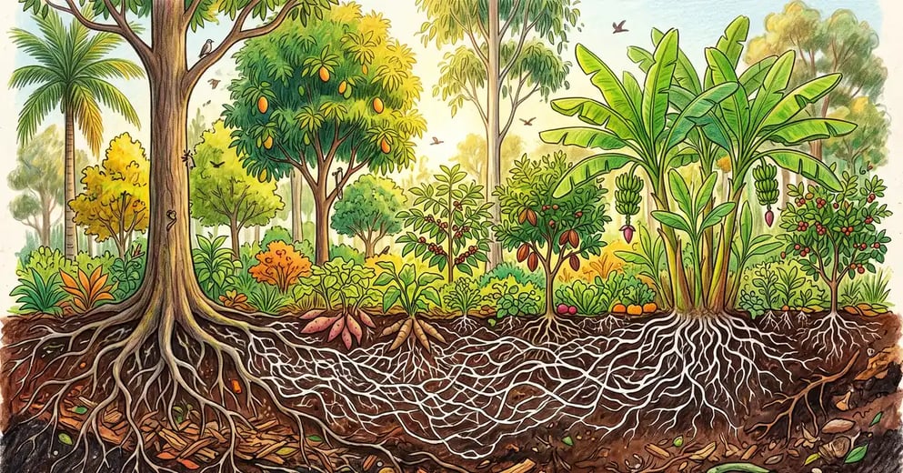 Cross-section of forest soil showing a white fungal hyphal network connecting tree roots beneath a layered syntropic planting of trees, shrubs and ground crops