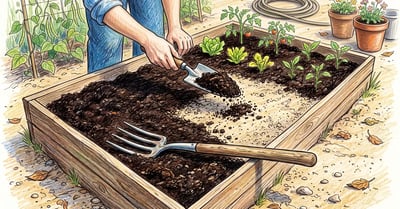 Dark compost being worked into pale sandy garden soil, showing the visible contrast between amended and unamended sections of the bed