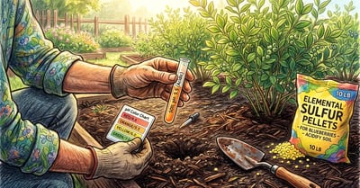 Gardener holding a soil pH test kit beside a garden bed with a bag of yellow elemental sulfur and blueberry bushes in the background