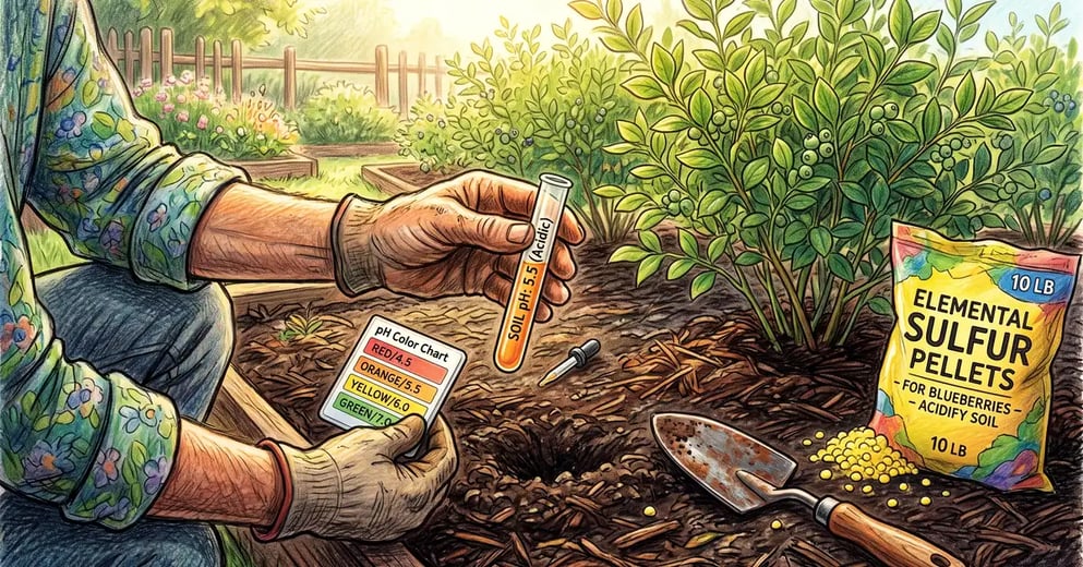 Gardener holding a soil pH test kit beside a garden bed with a bag of yellow elemental sulfur and blueberry bushes in the background