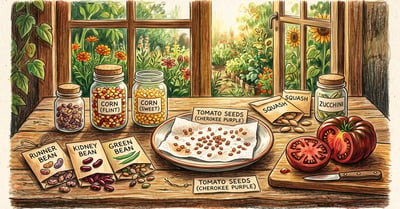 Saved garden seeds sorted into labeled paper envelopes and glass jars on a rustic table with a cut heirloom tomato beside them