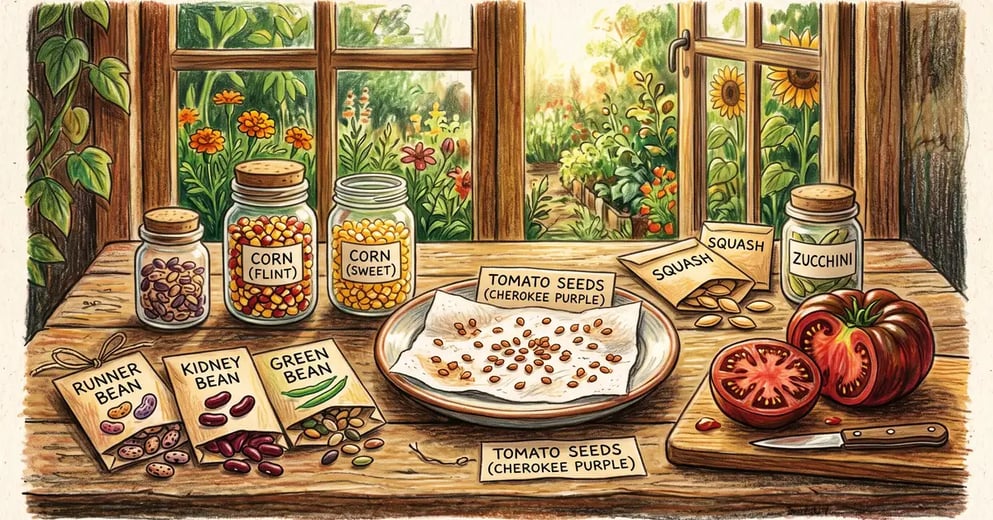 Saved garden seeds sorted into labeled paper envelopes and glass jars on a rustic table with a cut heirloom tomato beside them