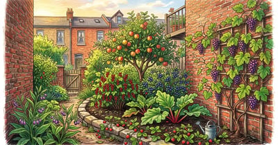 Small city backyard food forest between brick row houses with dwarf apple tree, currant bushes, rhubarb and strawberries in late summer