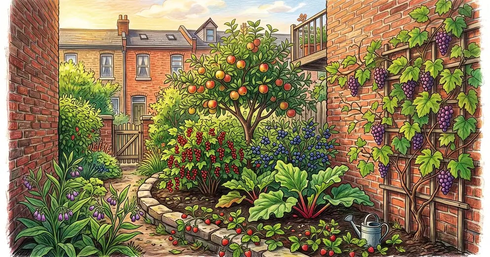 Small city backyard food forest between brick row houses with dwarf apple tree, currant bushes, rhubarb and strawberries in late summer