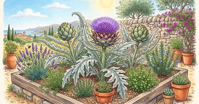 Mediterranean raised garden bed with three mature globe artichoke plants surrounded by lavender, rosemary and oregano under gravel mulch