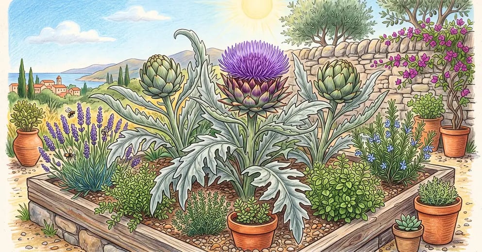 Mediterranean raised garden bed with three mature globe artichoke plants surrounded by lavender, rosemary and oregano under gravel mulch