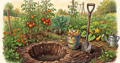 Freshly dug compost pit in a garden bed with a bucket of kitchen scraps and a spade, vegetable plants growing behind