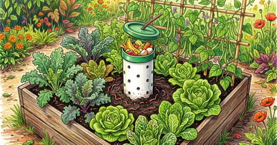 Raised vegetable bed with a perforated worm tower sunk into the soil at its centre, surrounded by lettuce, kale and beans in summer
